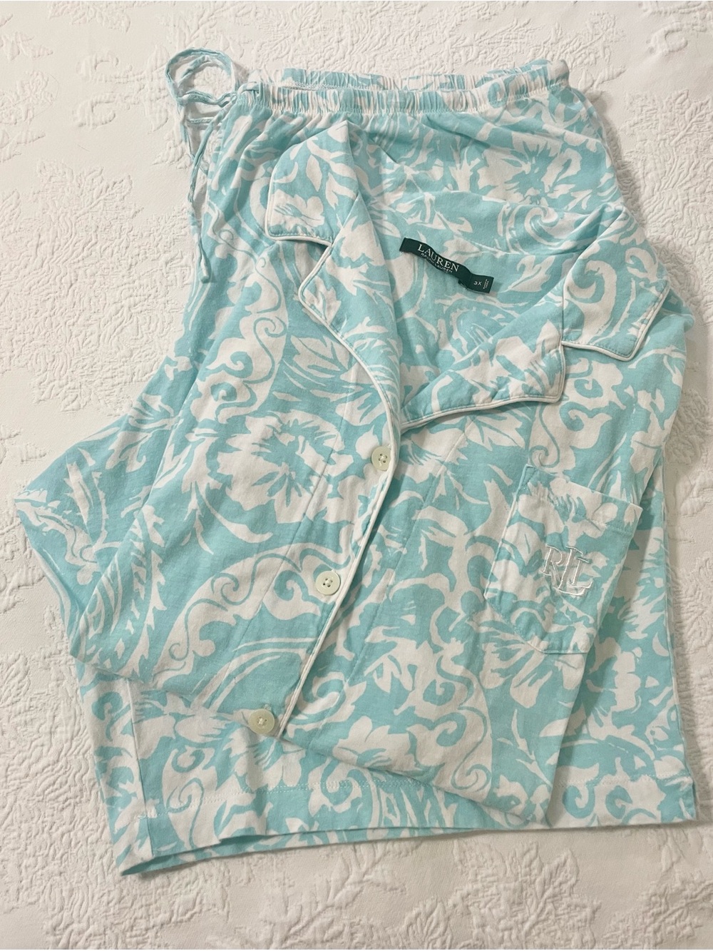 Ralph Lauren Aqua & White Floral Button-Up Pajama Short Set